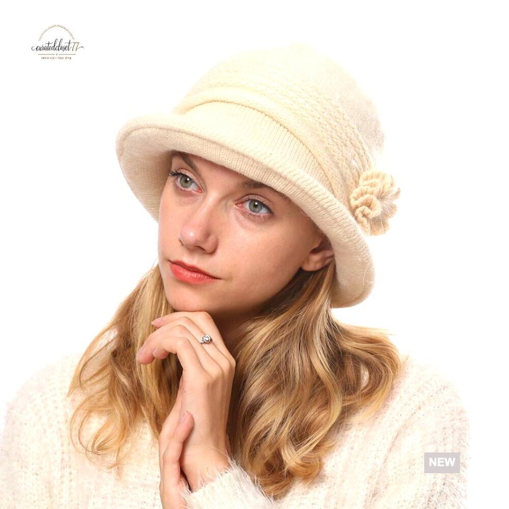 Wool Knit Cloche Hat with Flower Design, Stretchy One Size Fits Most